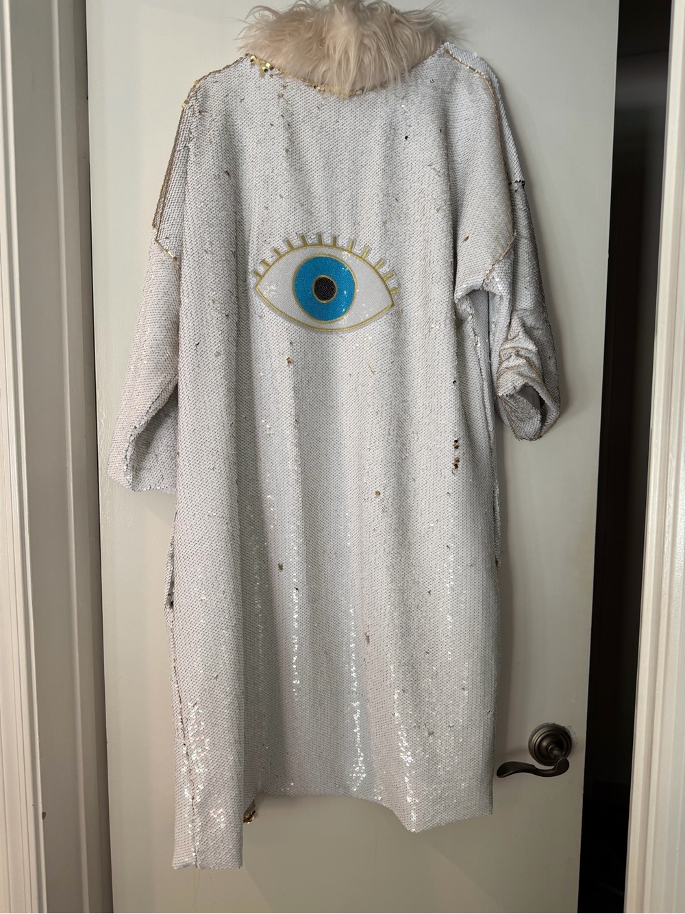 Reversible sequin evil eye cape/ coat with fur - burning man!